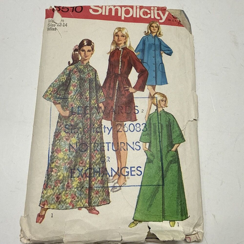 Vtg 1969 SIMPLICITY Sewing Pattern 8510 Robe Misses Medium Size Medium 12-14